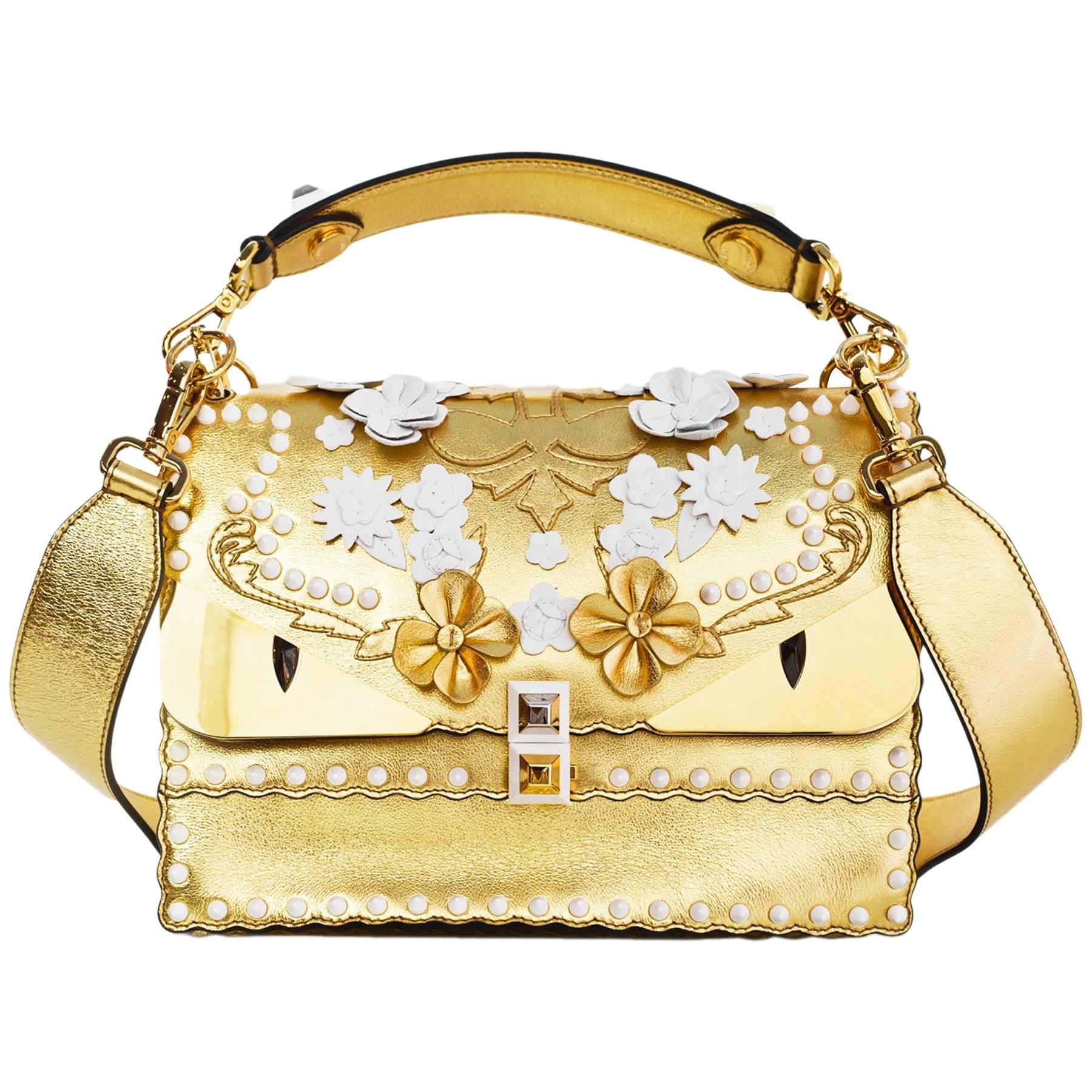 Fendi 2017 Gold & White Kan I Floral Monster Satchel Bag rt. $5, 950