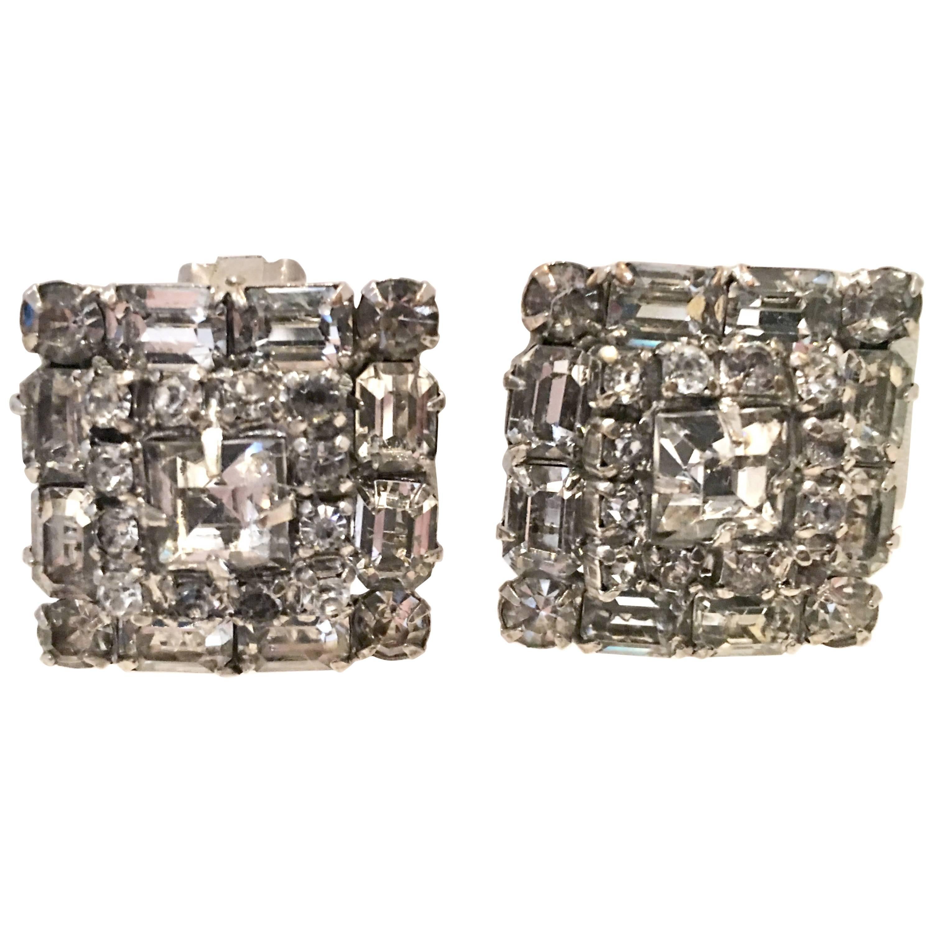 Mid-Century Pair Of Art Deco Silver & Austrian Crystal Rhinestone Earrings For Sale