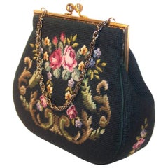 1950's Green Needlepoint Handbag With Floral Motif & Chain Handle