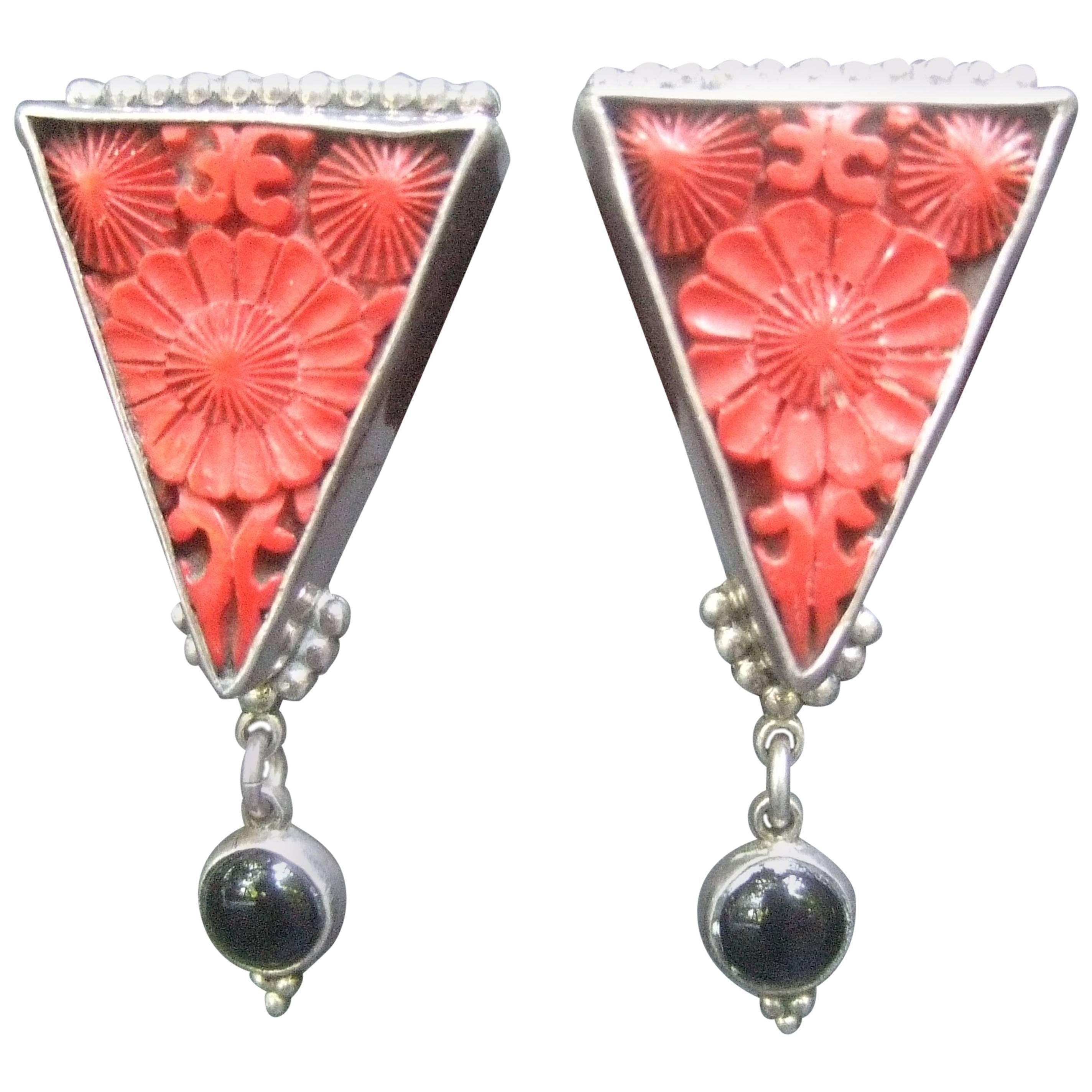 Exotic Carved Coral & Jet Sterling Artisan Earrings  For Sale