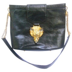 Vintage Avant Garde Fox Emblem Black Leather Handbag Designed by Harry Rosenfeld c 1970s