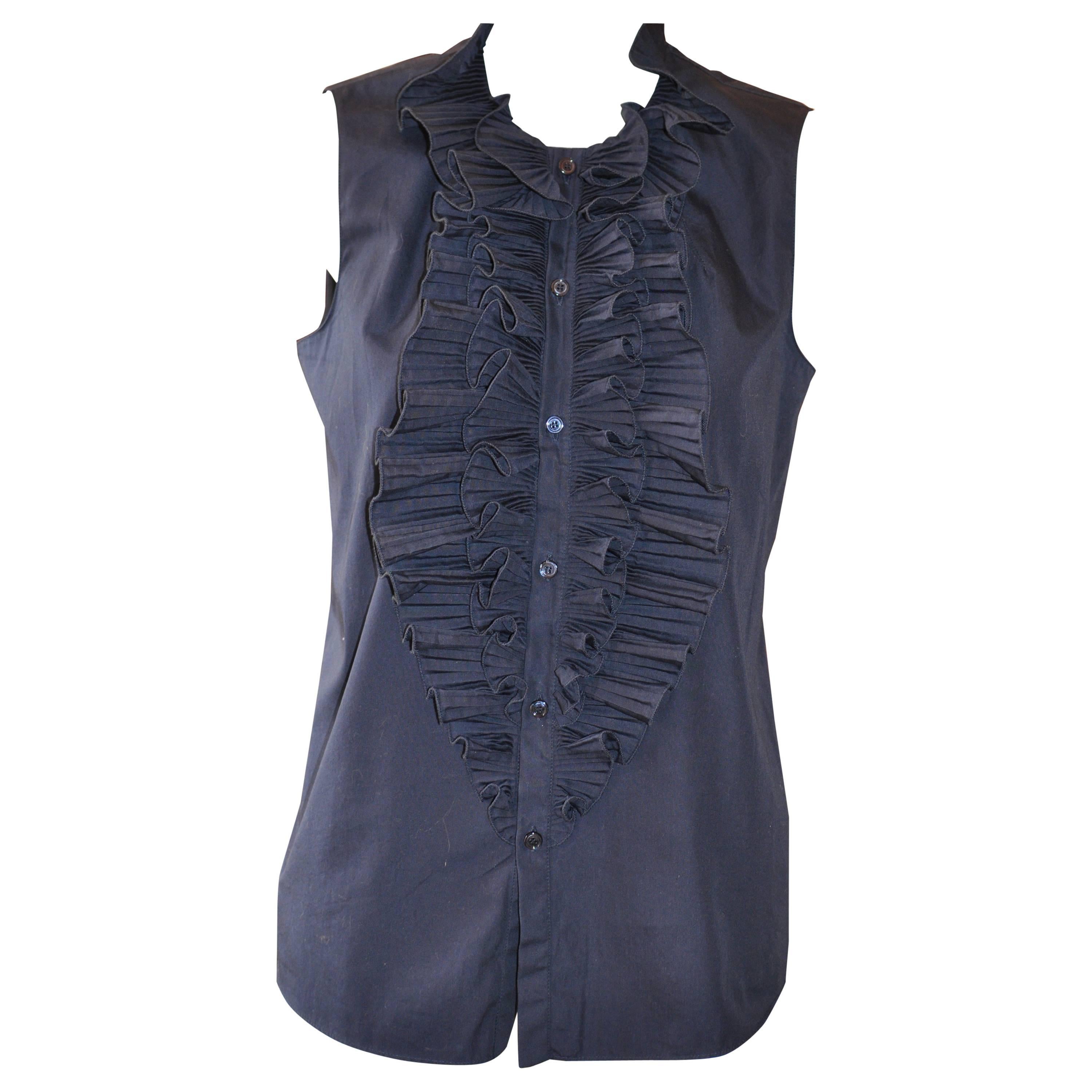 Givenchy Navy Blue Cotton Blouse With Frilly Bib  
