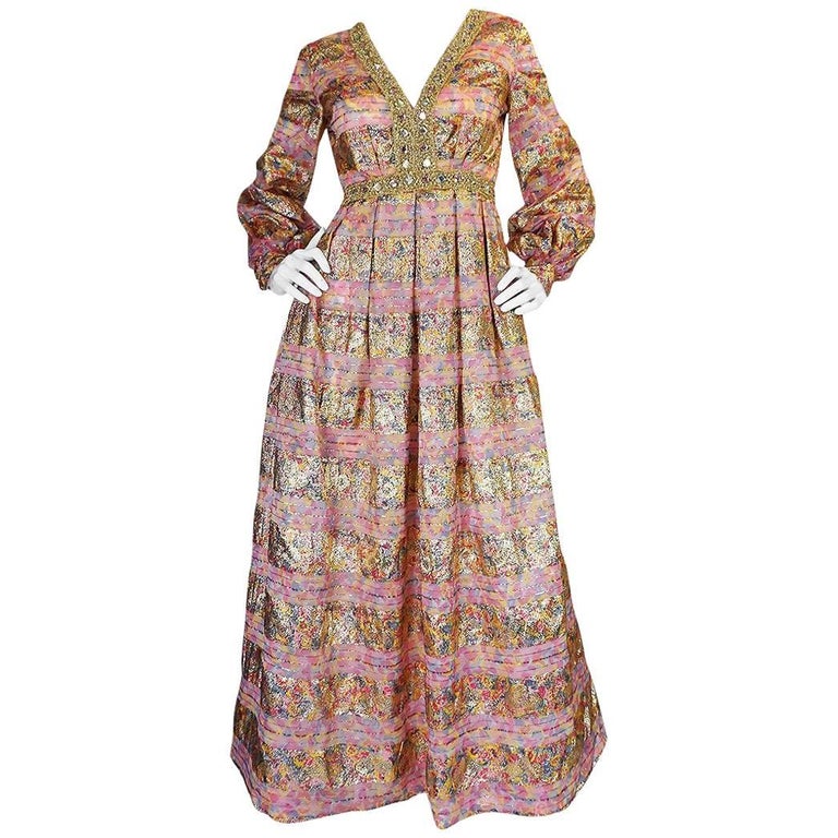 1960s Pink And Gold Embellished Metallic Silk Organza Dress For 1960s Pink Gold Embellished Metallic Silk Organza Dress For