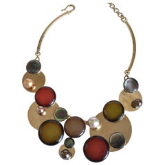 Philippe Ferrandis Red, Grey, and Khaki Glass and Hammered Metal Necklace