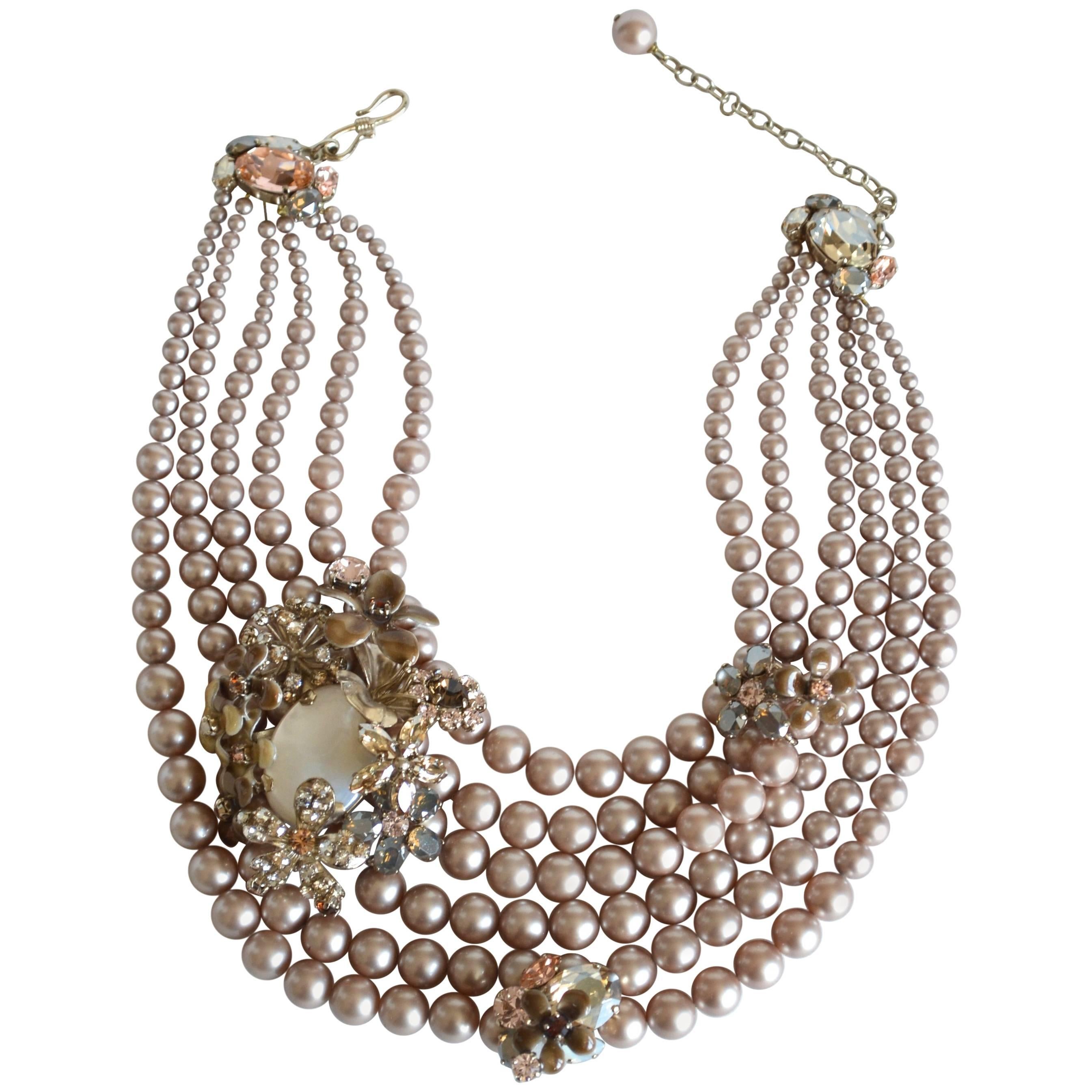 Philippe Ferrandis Glass Pearl and Swarovski Crystal Statement Necklace