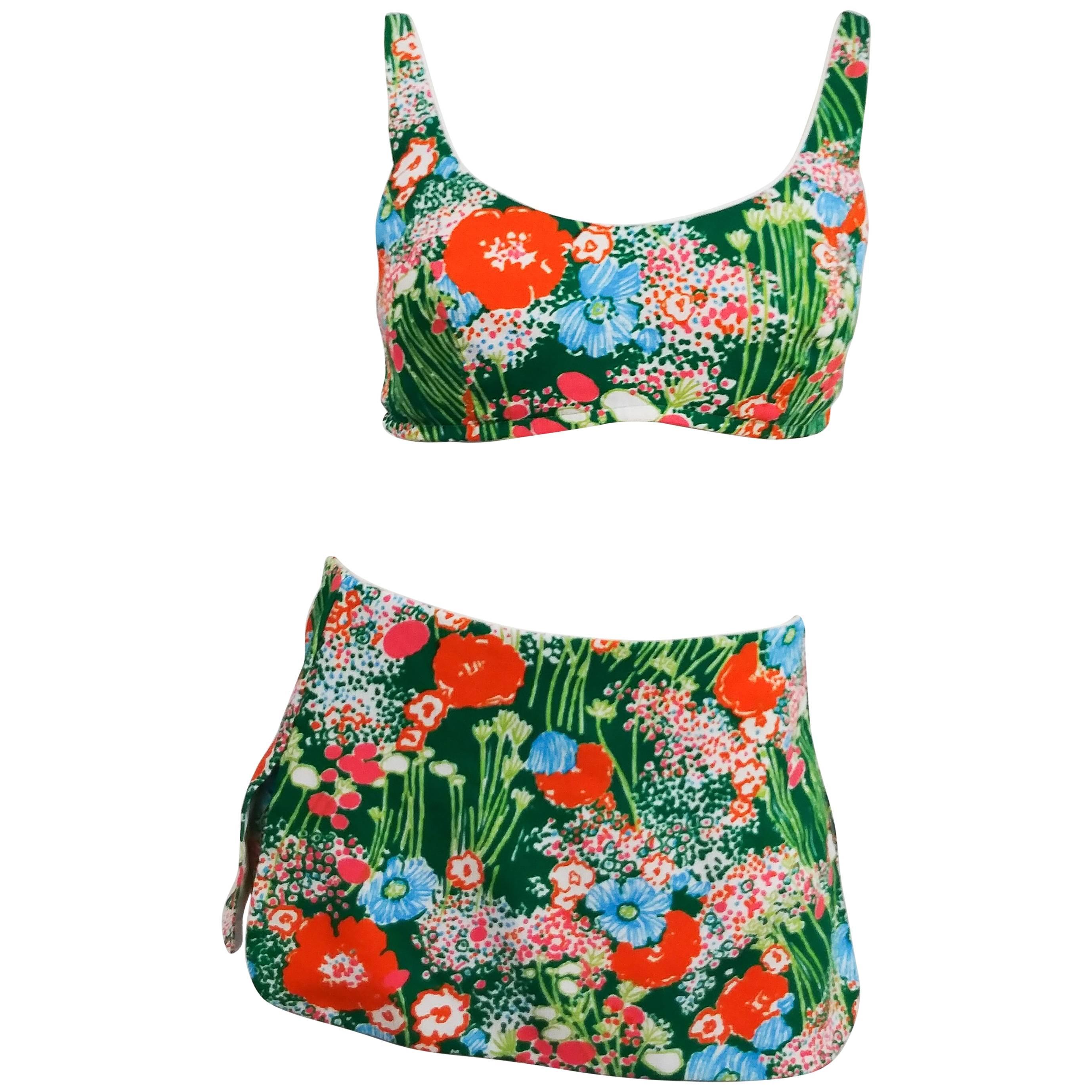 1960s Flower Print Two Piece Bikini Swimsuit