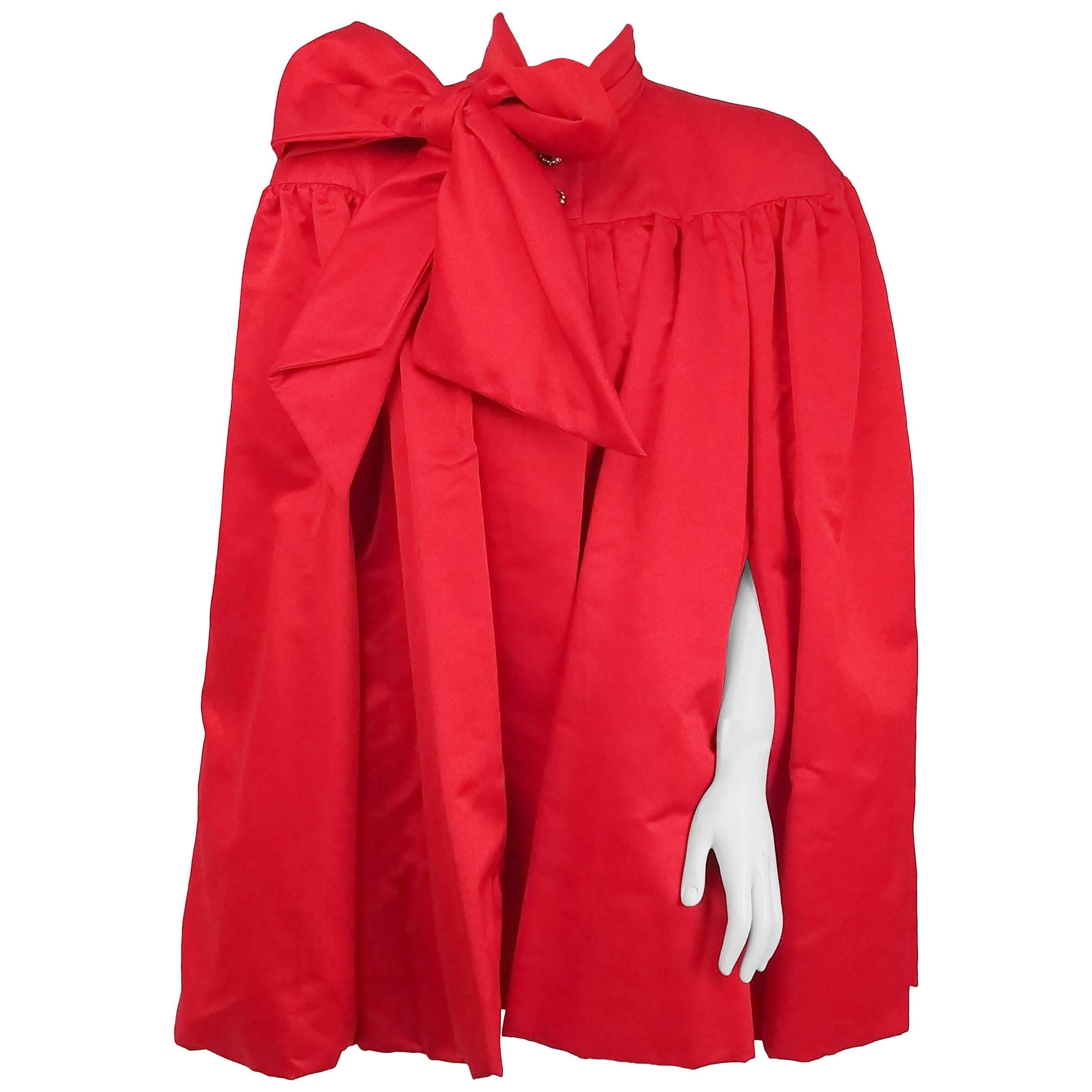 1980s Ann Lawrence Red Silk Satin Cape For Sale