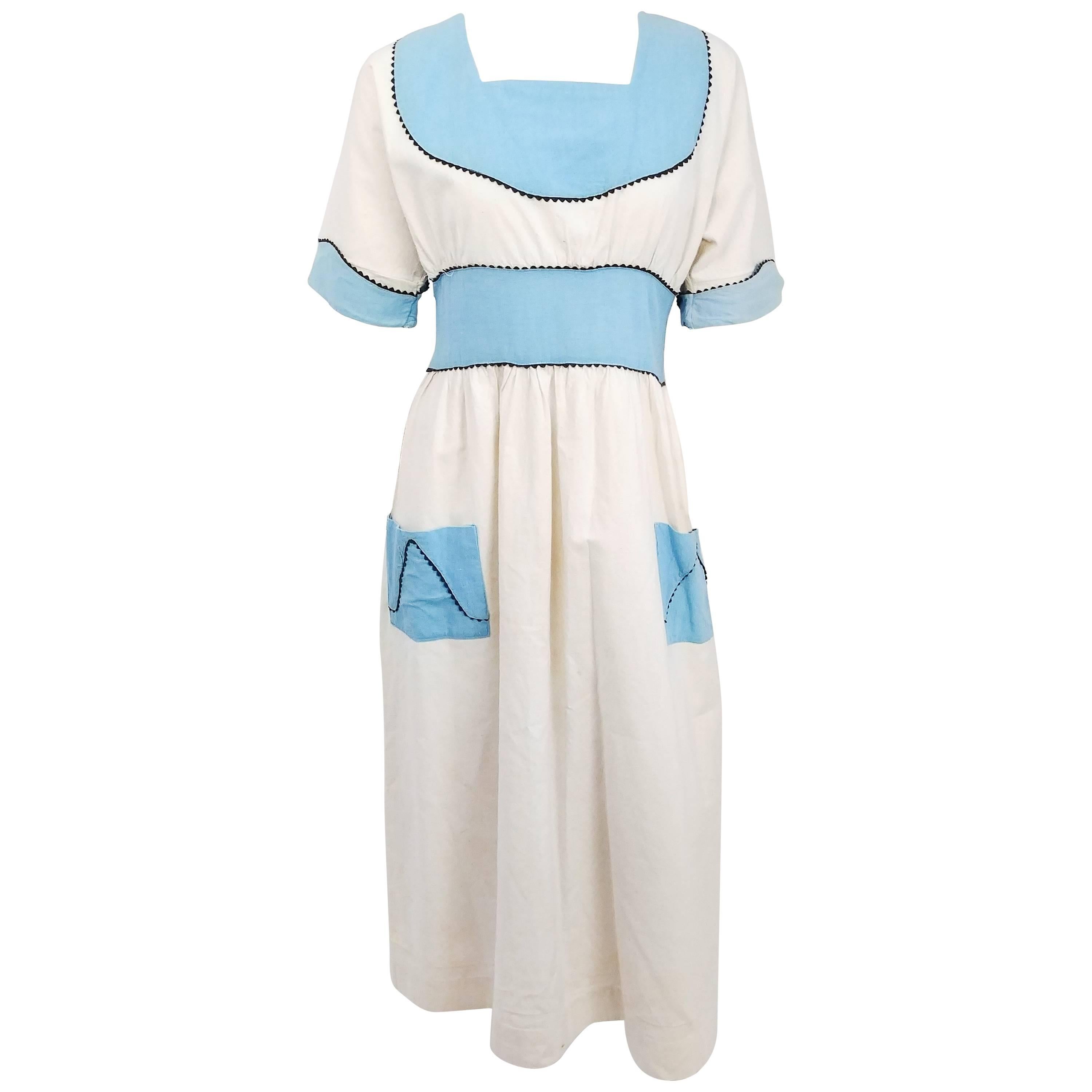1920s Blue & White Lined Pinafore Dress For Sale