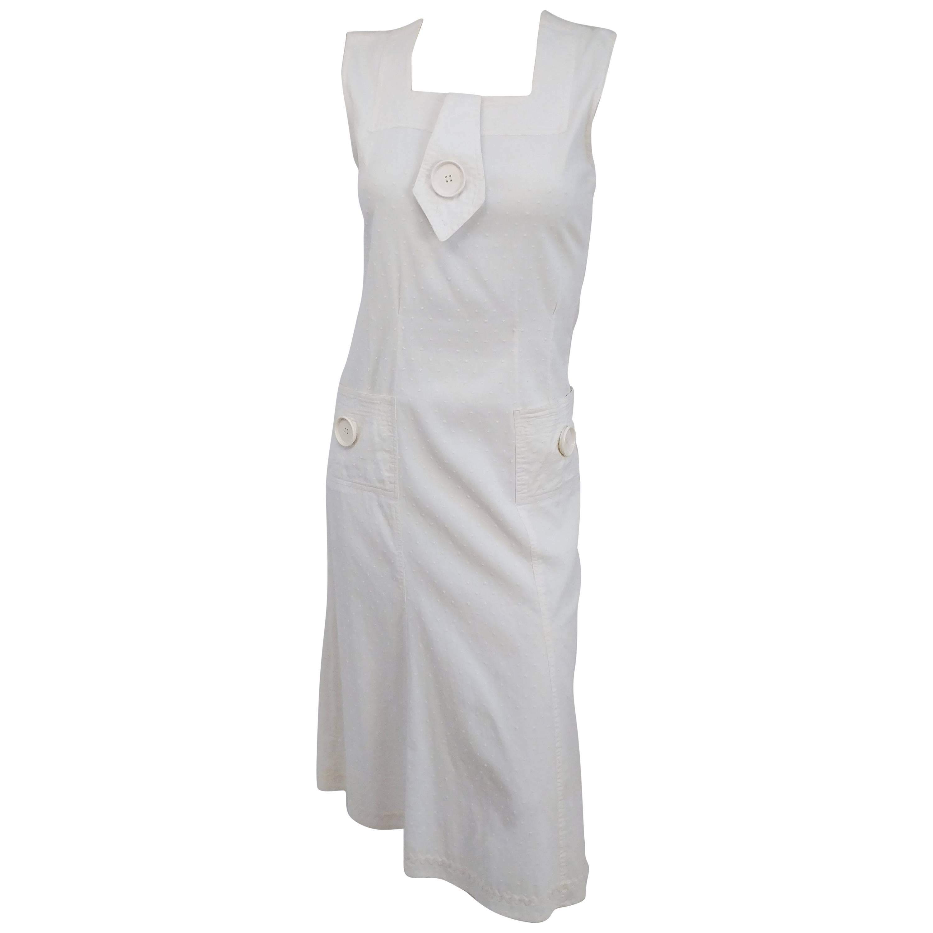1920s White Swiss Dot Day Dress w/ Large Button Detail  For Sale