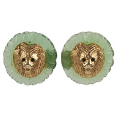 Kalinger Paris Signed Lion Head Clip on Earrings Aqua Green Resin & Gilt Metal 2