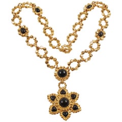 Vintage Edouard Rambaud Paris Signed Byzantine Extra Long Necklace Black Cabochon