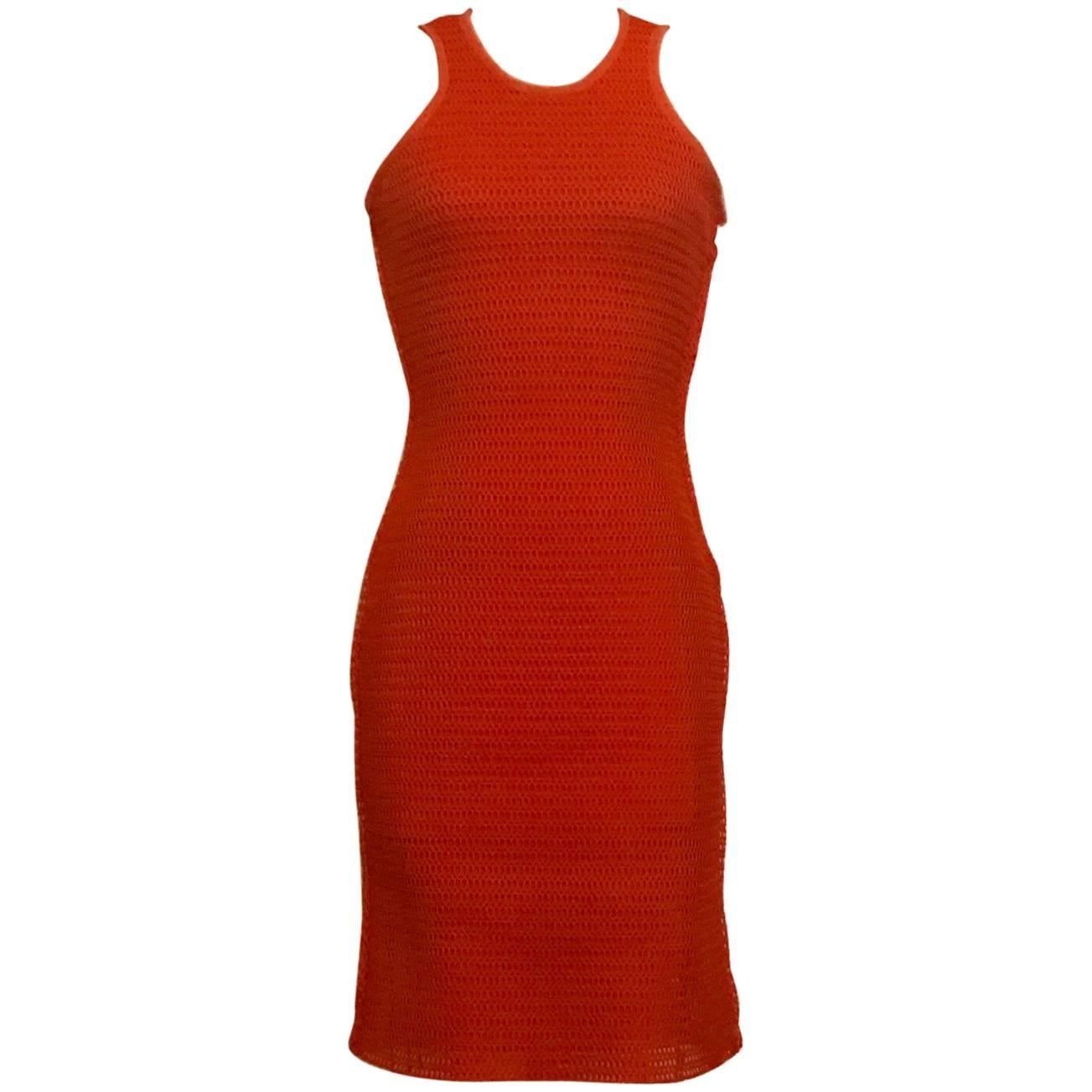 Lanvin Red Orange Knit Mesh Body Con Dress with Raw Chiffon Trim, 2013 