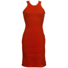 Lanvin Red Orange Knit Mesh Body Con Dress with Raw Chiffon Trim, 2013 