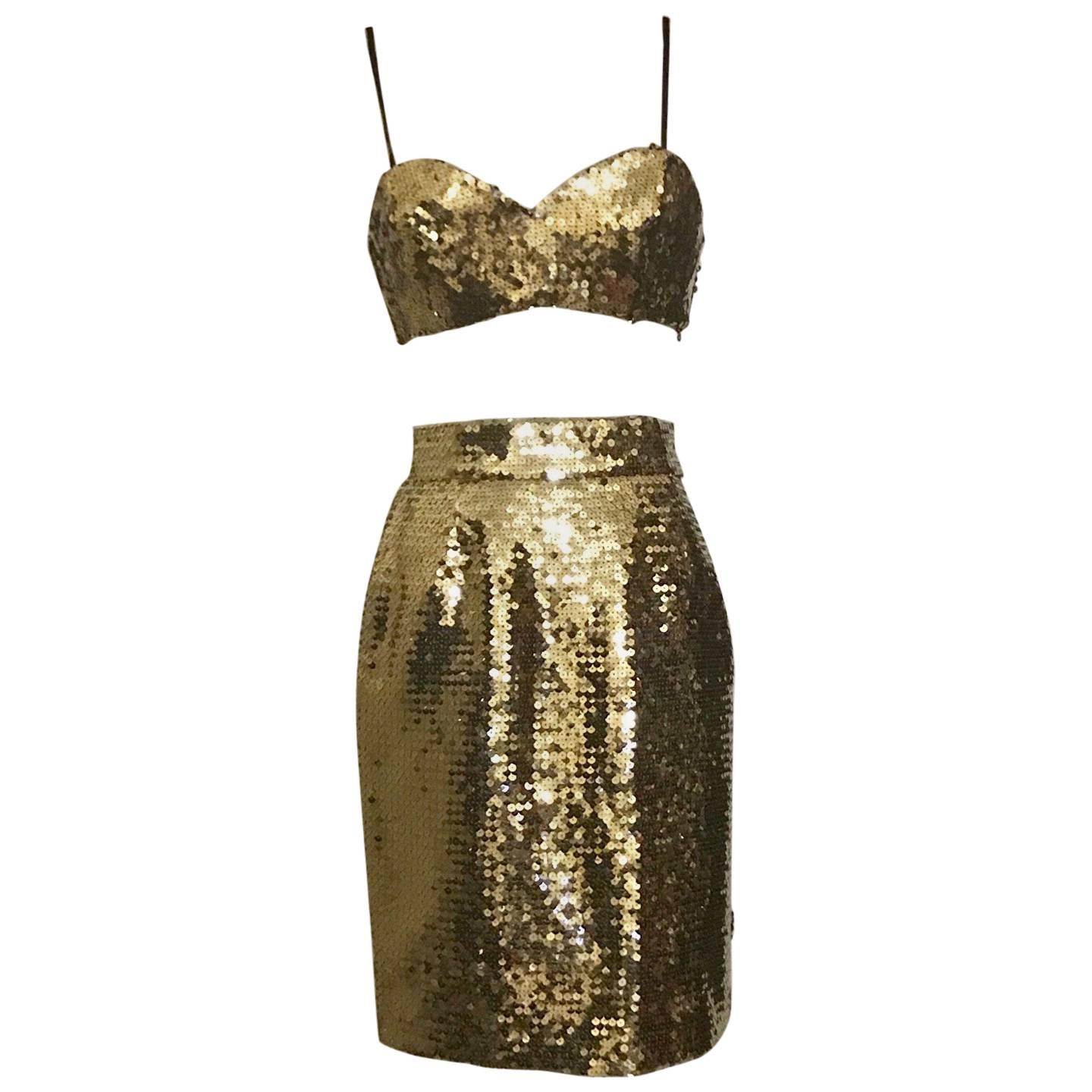 Moschino Couture Gold Sequin Cropped Bustier and Skirt Set, 1990s