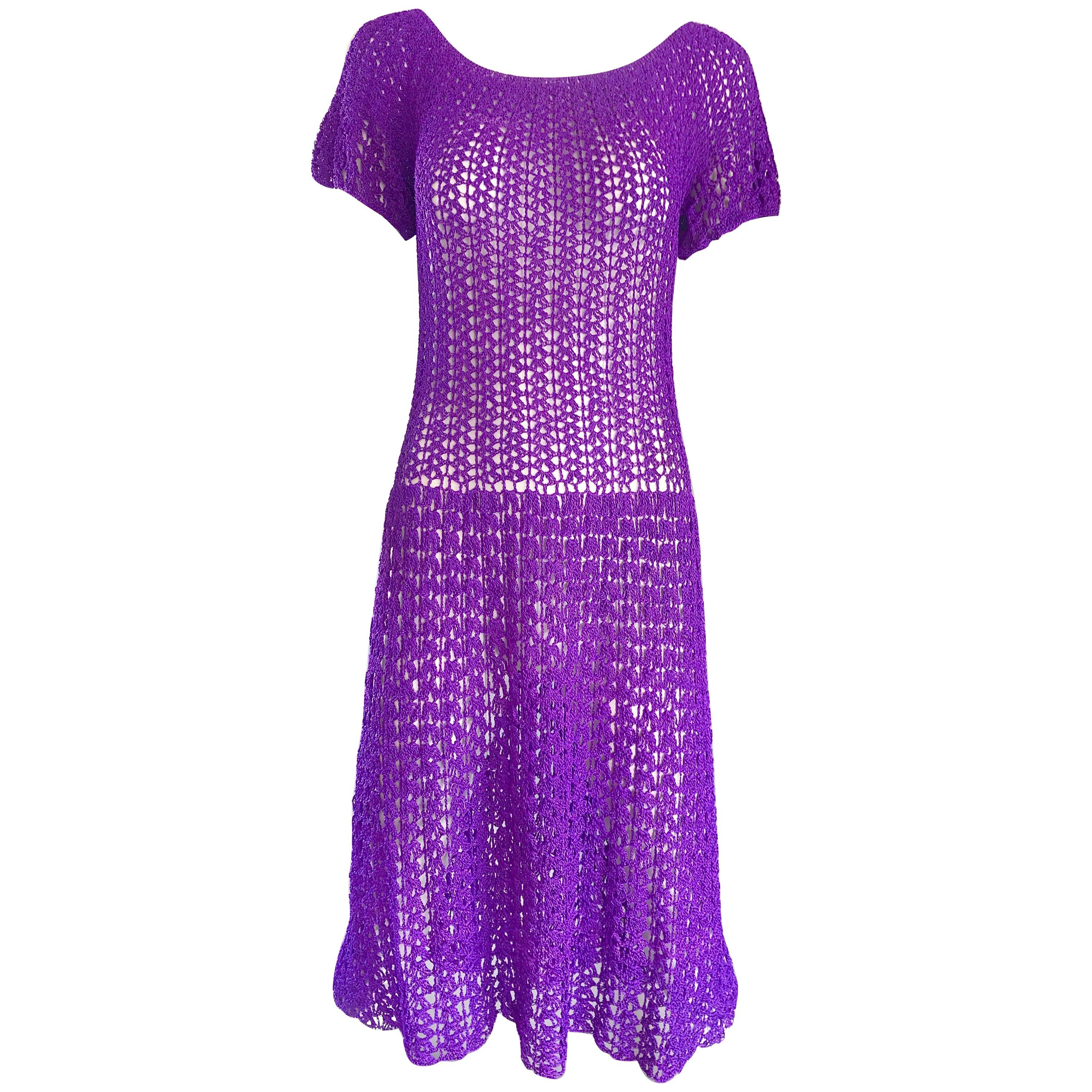 Chic 1960s Purple Italian Rayon Hand Crochet Vintage Semi Sheer 60s Dress  For Sale