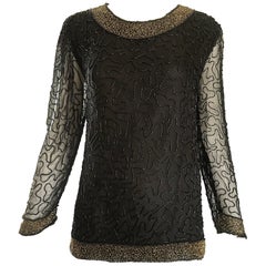 Splendida camicetta vintage anni '80 di SWEE LO in chiffon di seta nero e oro con perline