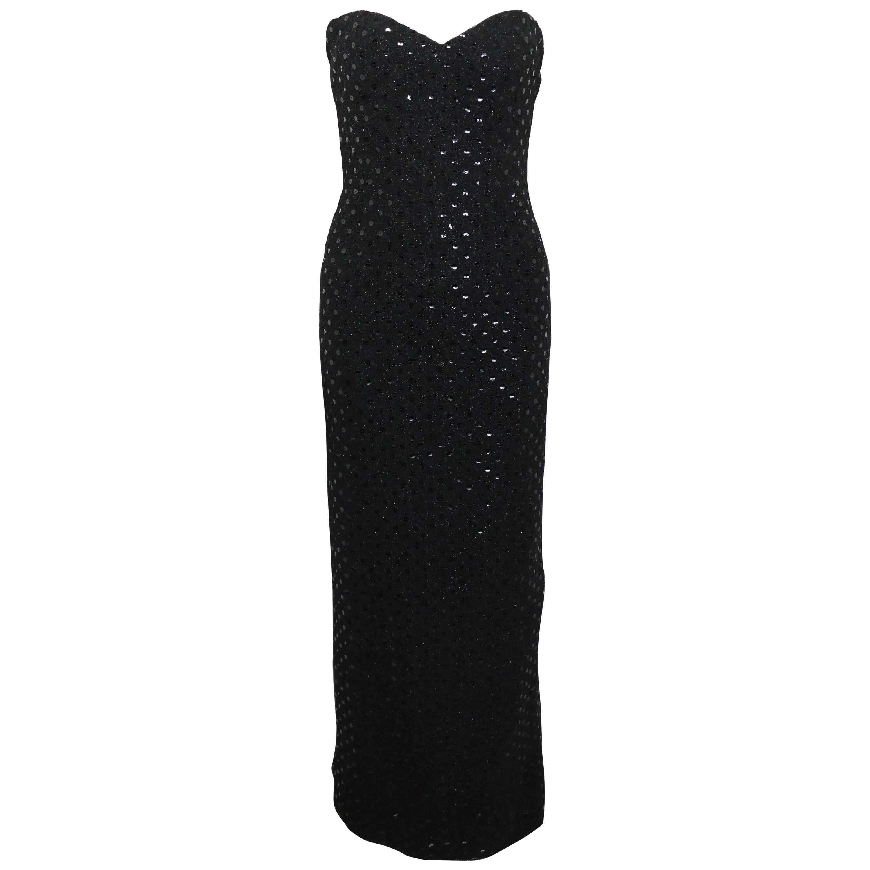 Chanel Black Tweed with Black Sequins Long Tube Evening Dress 