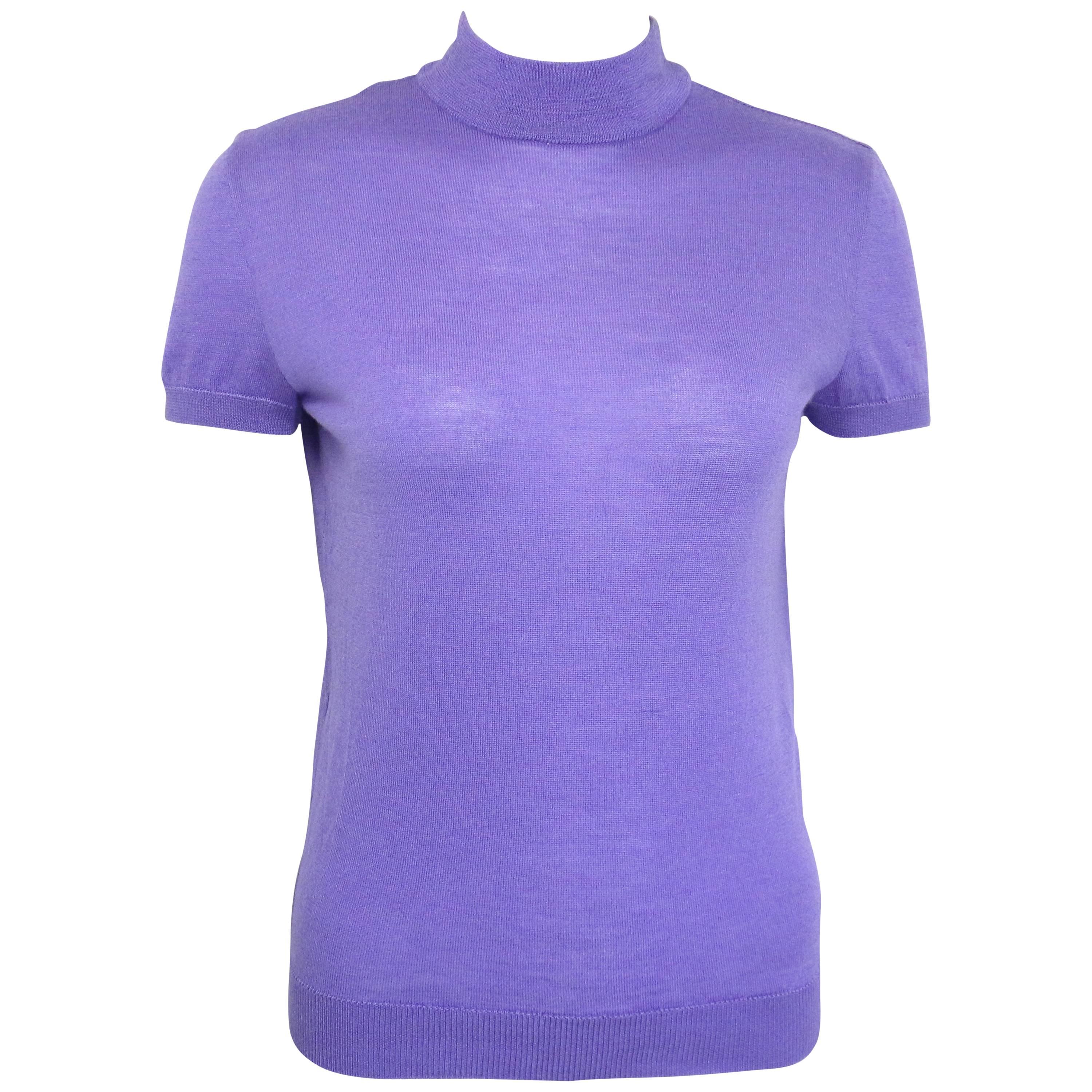 90s Gianni Versace Couture Purple Cashmere and Wool Mock Neck Short Sleeves Top