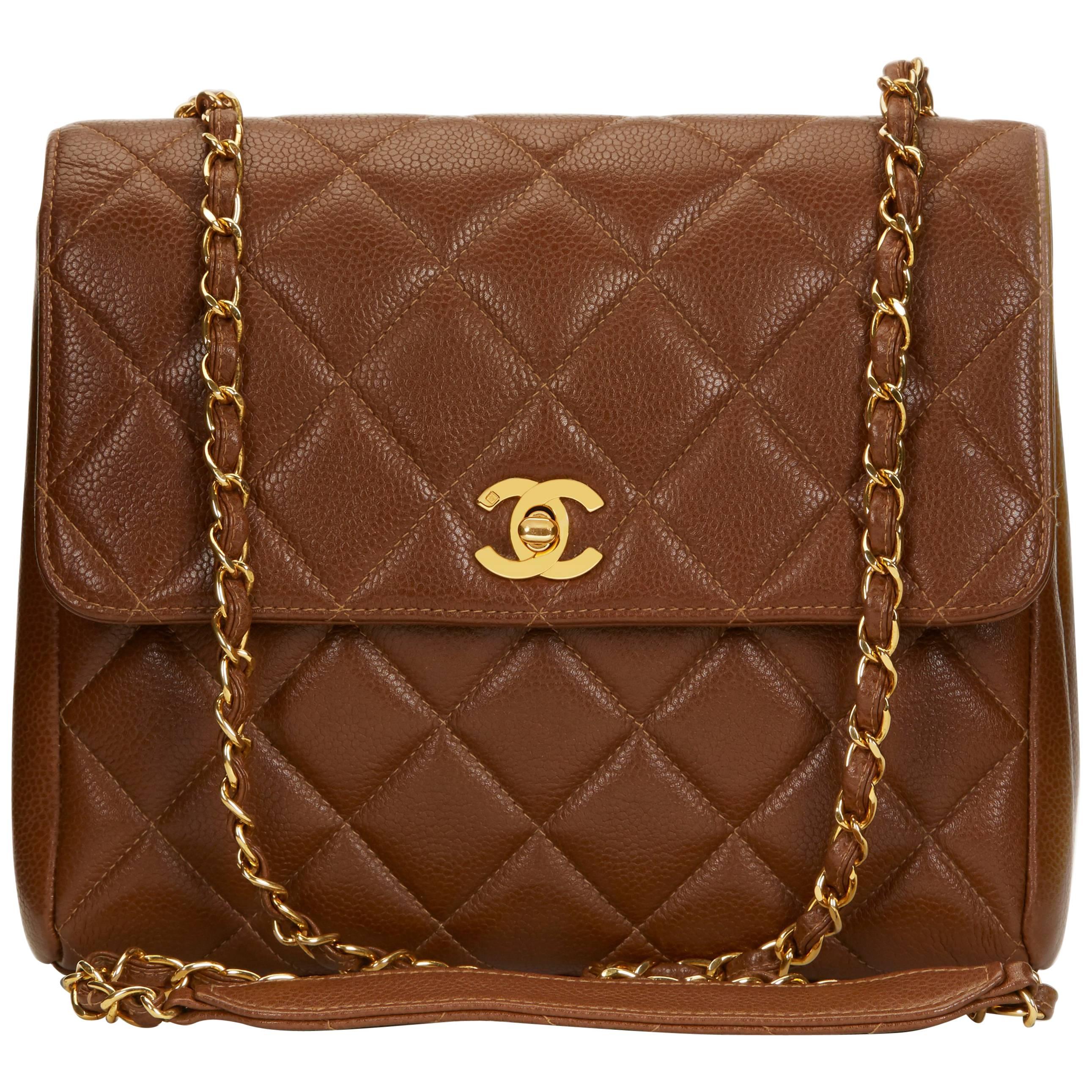 1990s Chanel Chocolate Brown Quilted Caviar Leather Vintage Single Flap Bag