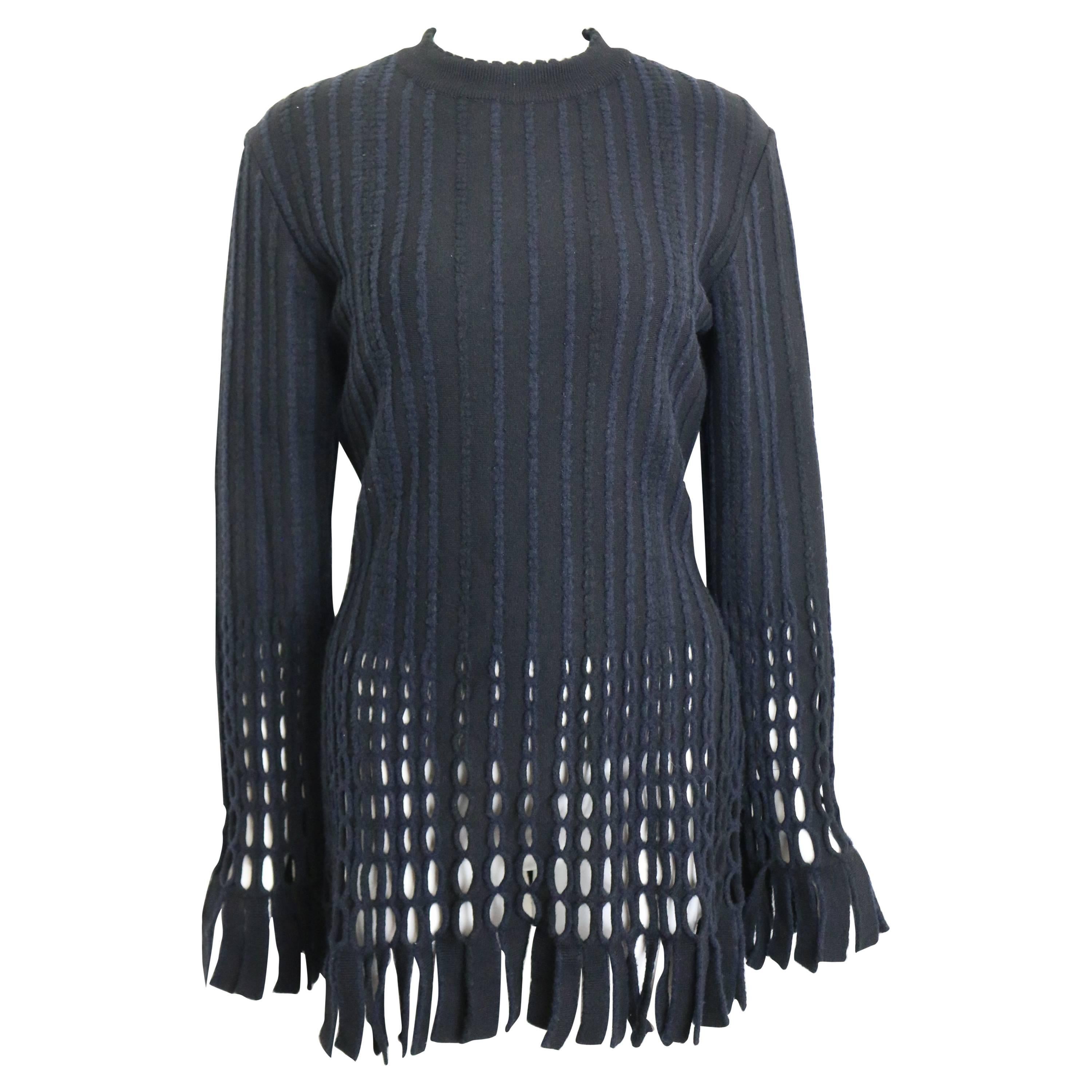 90s Alaia Black and Navy Stripe Wool Open Knit Fringe Hem Bodycon Dress 