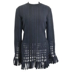 90s Alaia Black and Navy Stripe Wool Open Knit Fringe Hem Bodycon Dress