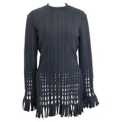 Vintage 90s Alaia Black and Navy Stripe Wool Open Knit Fringe Hem Bodycon Dress 