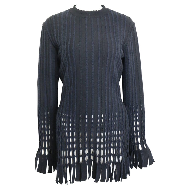 90s Alaia Black and Navy Stripe Wool Open Knit Fringe Hem Bodycon Dress ...
