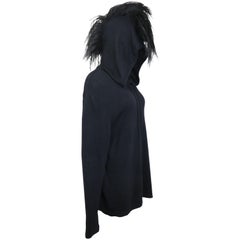 Retro Unique Helmut Lang Black Wool Hoodie with Faux Hair 