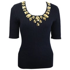 Vintage Escada Black Cotton Gold Toned Charms U Neck Short Sleeves Top