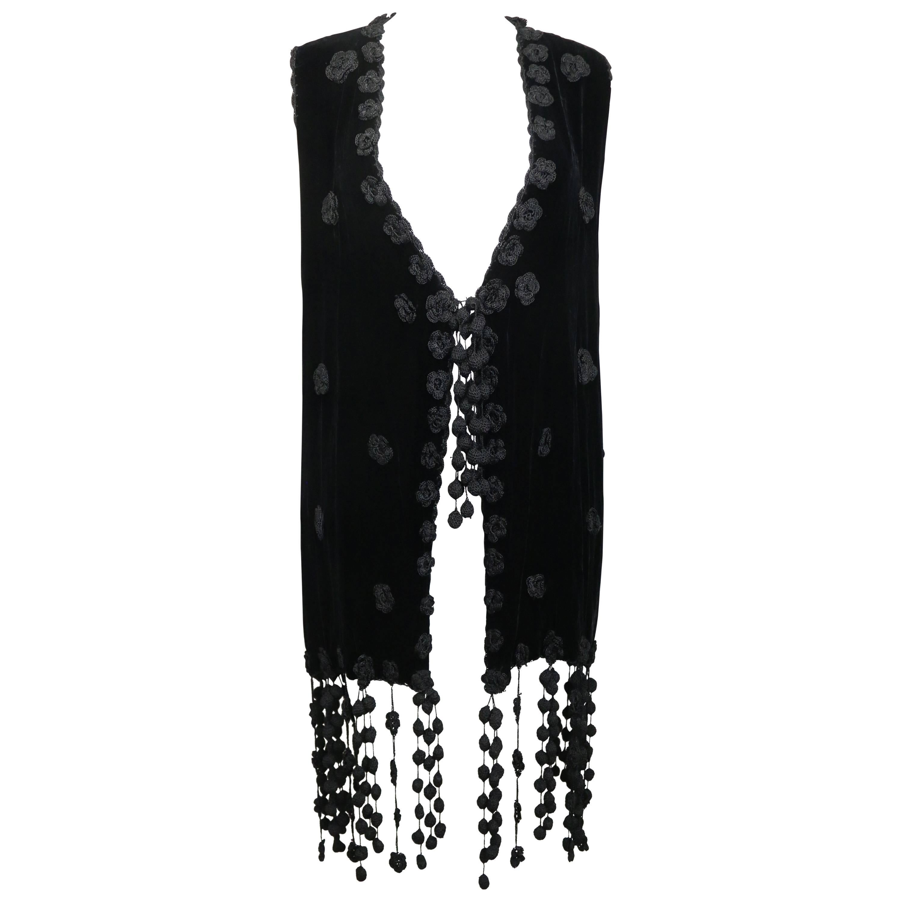 Cheap and Chic by Moschino Black Velvet and Knitted Flower Embroidered Long Vest