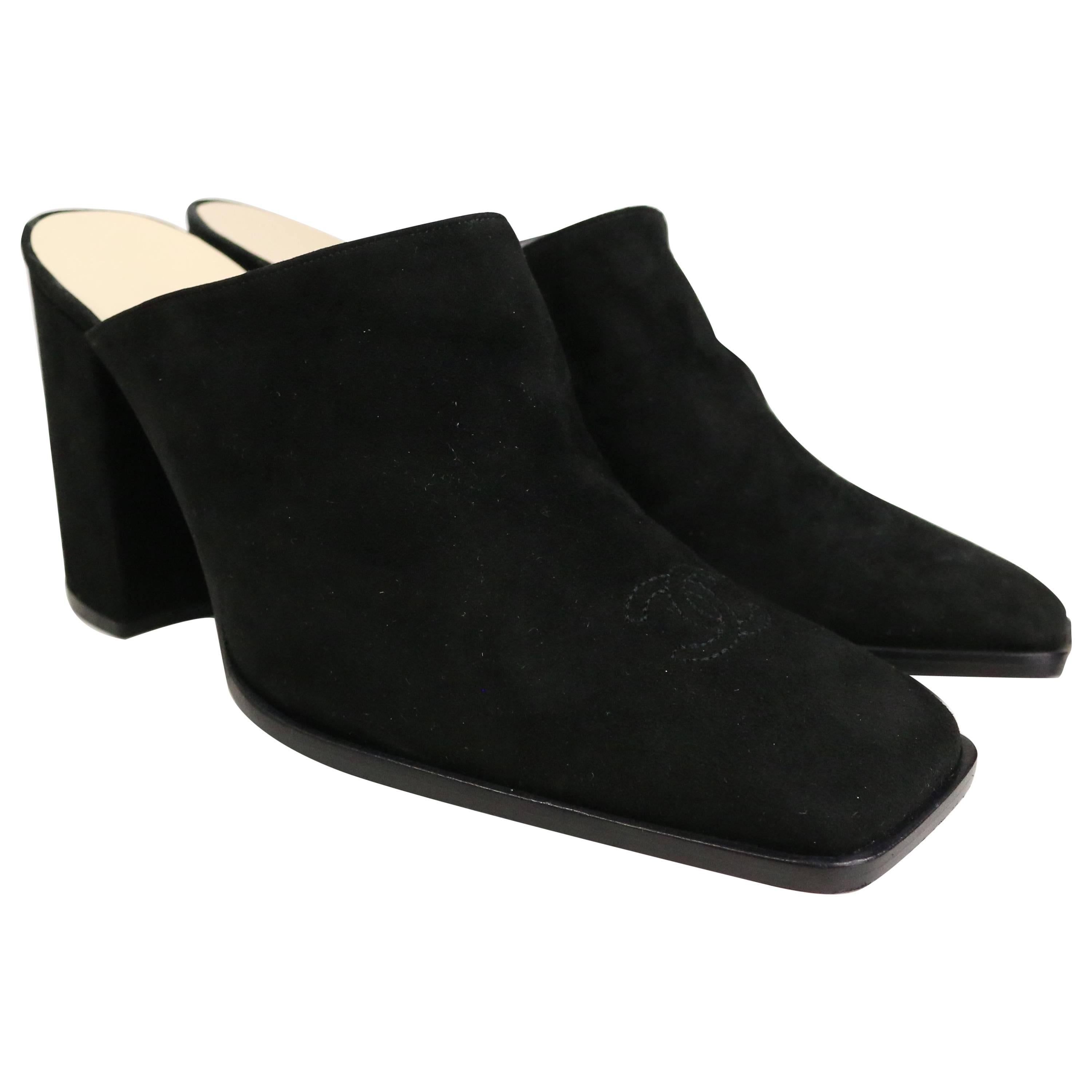 Chanel Black Suede "CC" Mules Shoes For Sale