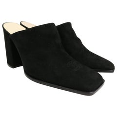 Unworn vintage 90s Chanel Black Suede "CC" Mules Shoes 
