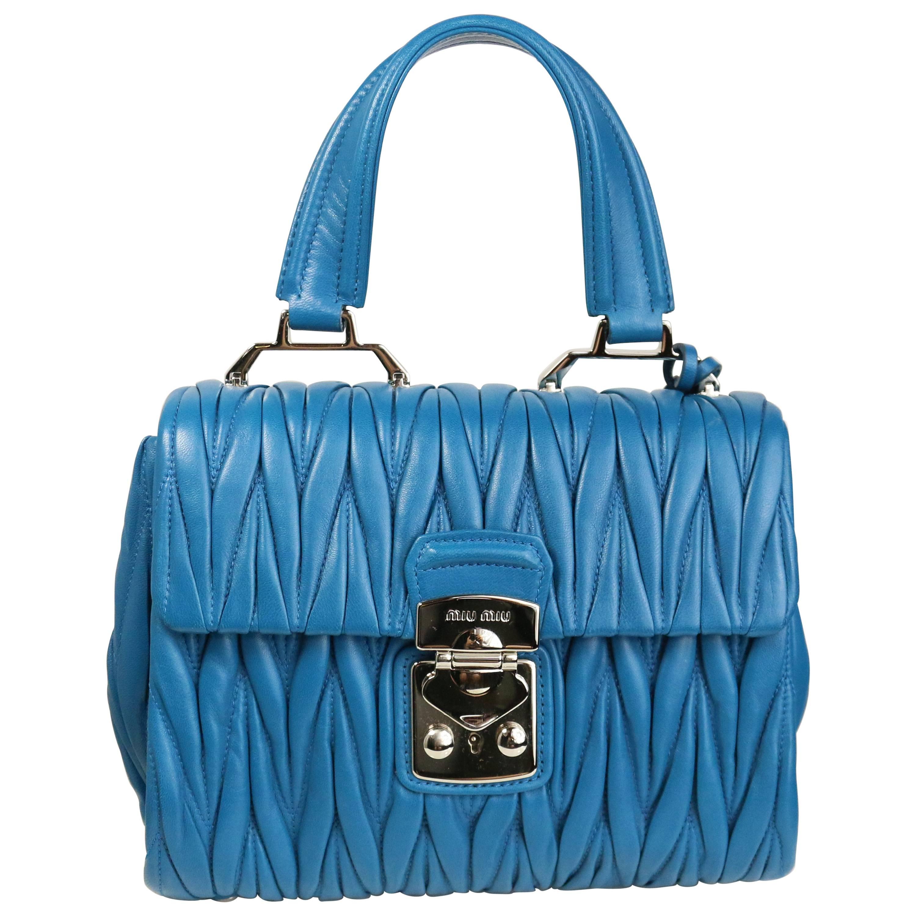 Miu Miu Blue Matelasse Nappa Leather Shoulder/Hand Flap Bag For Sale