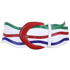 Used Yves Saint Laurent YSL Wide White Green Red Blue Leather Waist Belt, 1980