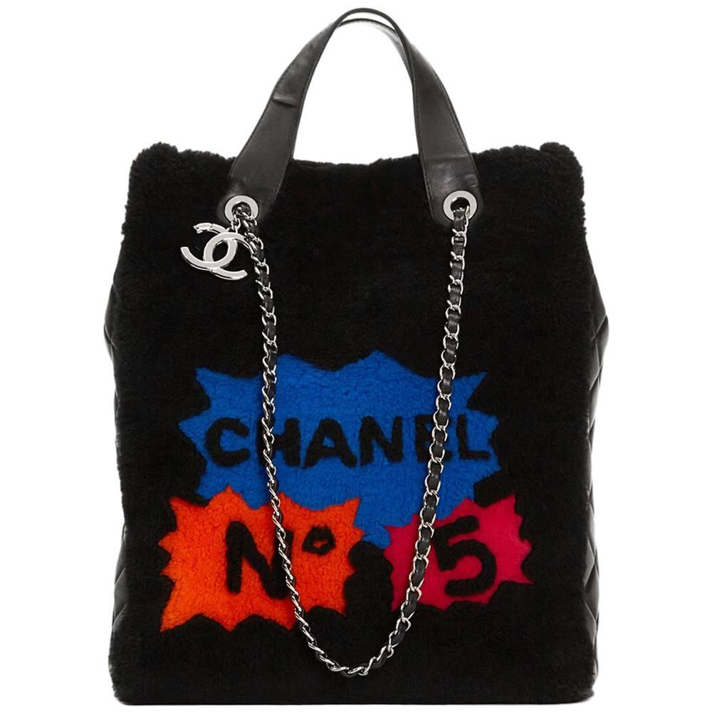 2014 Chanel Black Shearling Patchwork Tote