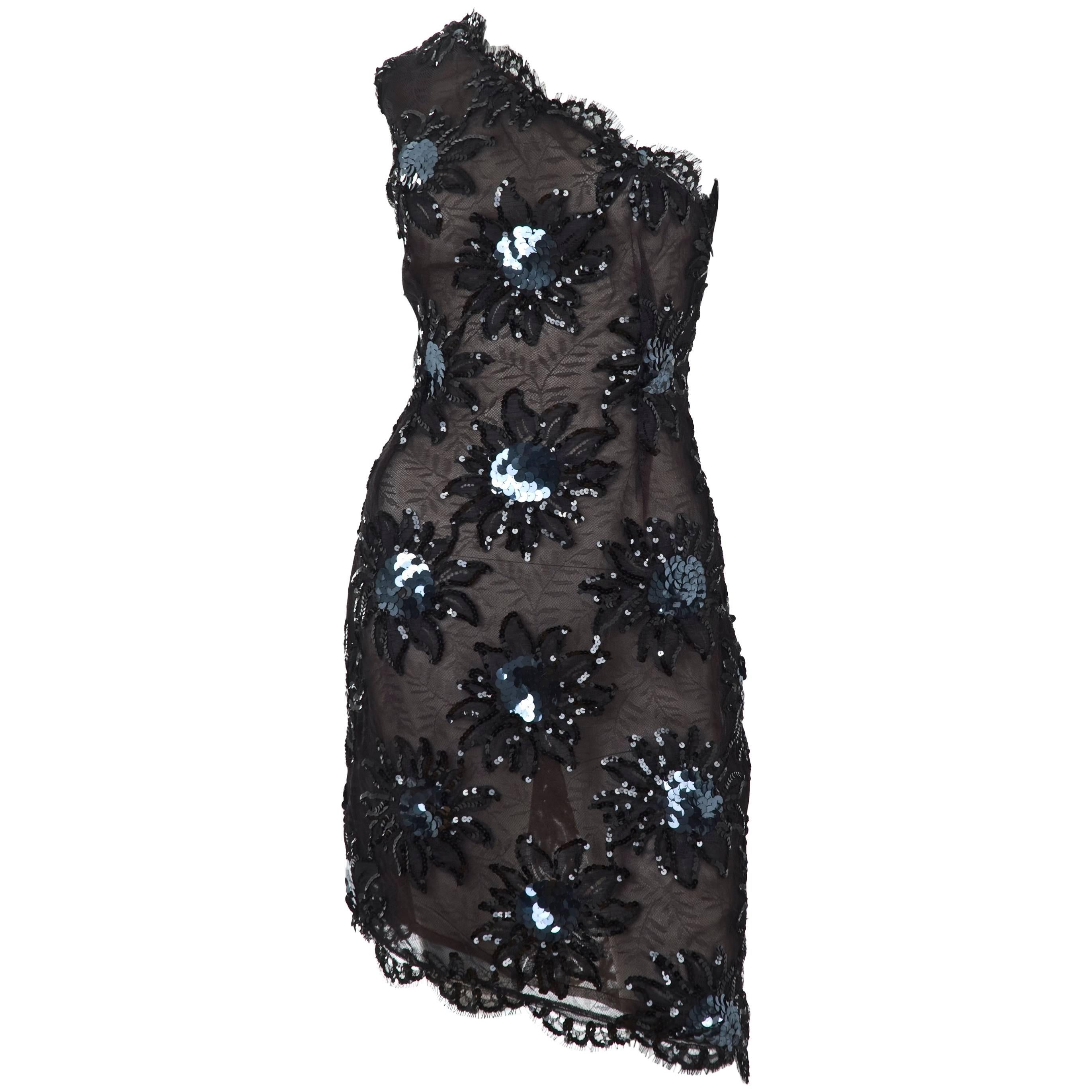 1987 Rare Yves Saint Laurent Cocktail Dress in Black Lace and Sequins  For Sale