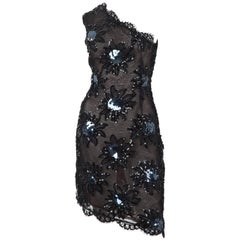 1987 Rare Yves Saint Laurent Cocktail Dress in Black Lace and Sequins 