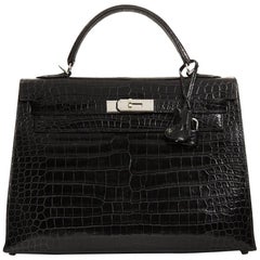 Hermès - Sac Kelly 32 cm Sellier en cuir de crocodile noir mat Porosus, 2000