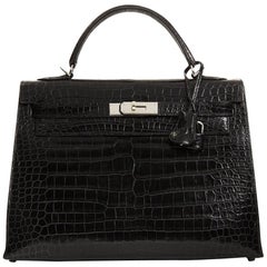 2000 Hermes Black Matte Porosus Crocodile Leather Kelly 32cm Sellier