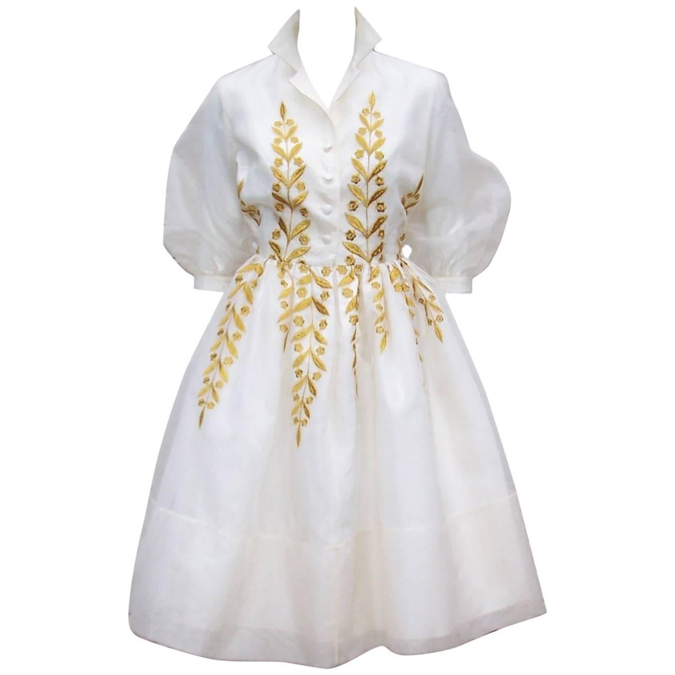 Ladylike 1950's Jr. Theme Embroidered White Silk Organza Dress