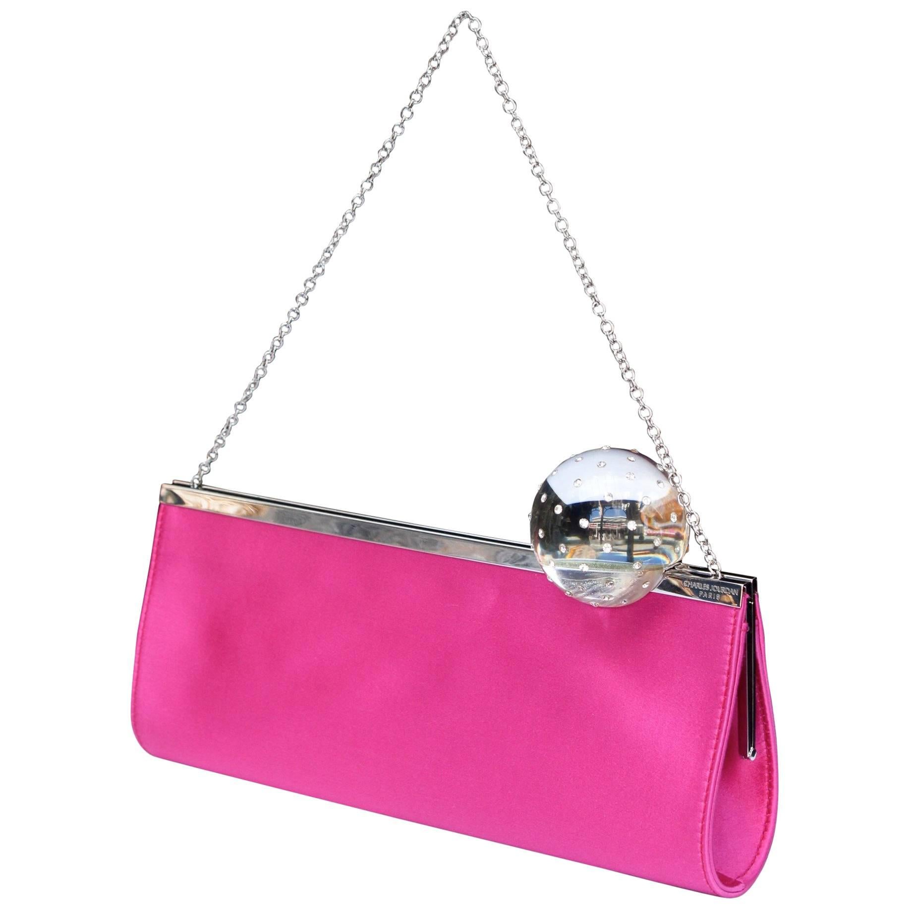 Charles Jourdan evening clutch made of fuchsia satin and transparent sphere