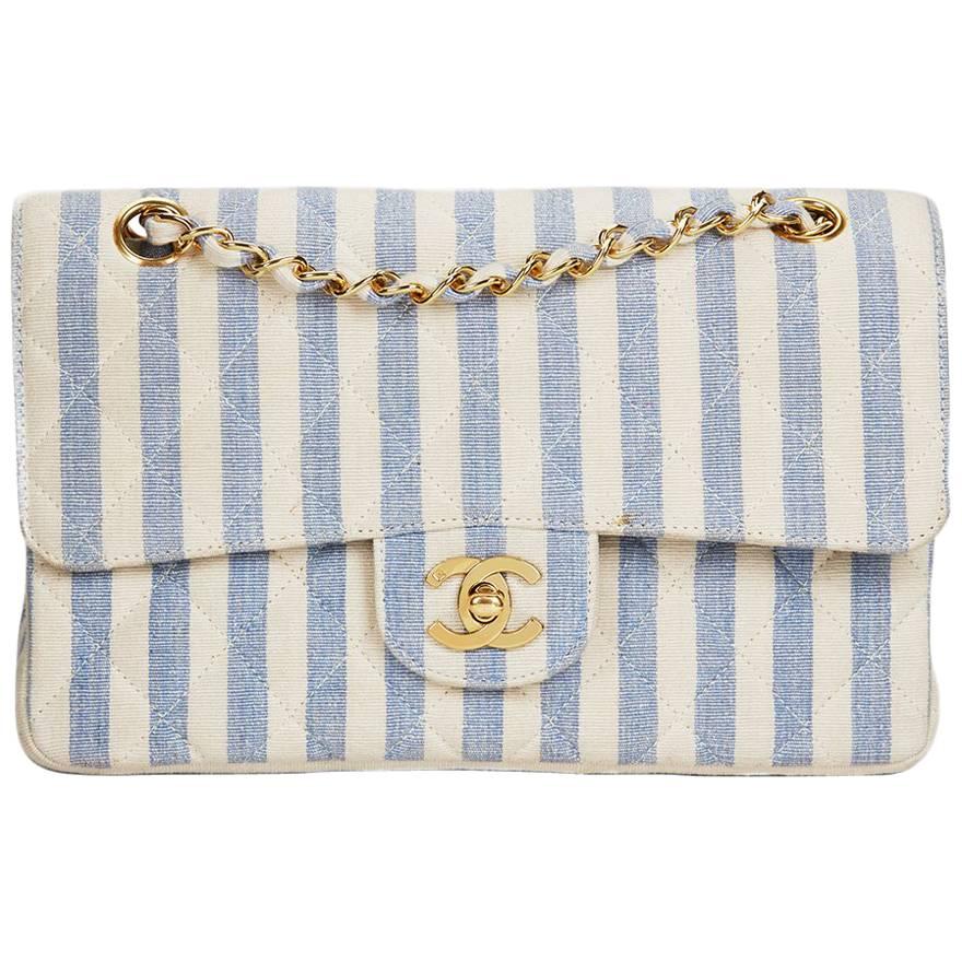 1990s Chanel Ivory & Blue Striped Linen Vintage Small Classic Double Flap Bag