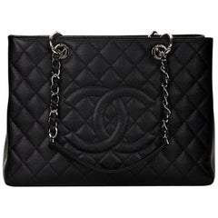 Used 2013 Chanel Black Quilted Caviar Leather Grand Shopping Tote GST