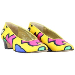 Vintage Escada 1980s Yellow Bold Abstract Print Fabric Pumps