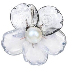 Vintage CHANEL Camellia Brooch in Bicolored Clear Molten Glass and Silver Plated Metal