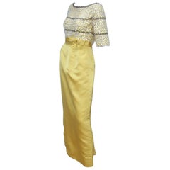 Retro Glam C.1960 Heavily Beaded Goldenrod Satin Evening Gown Dress