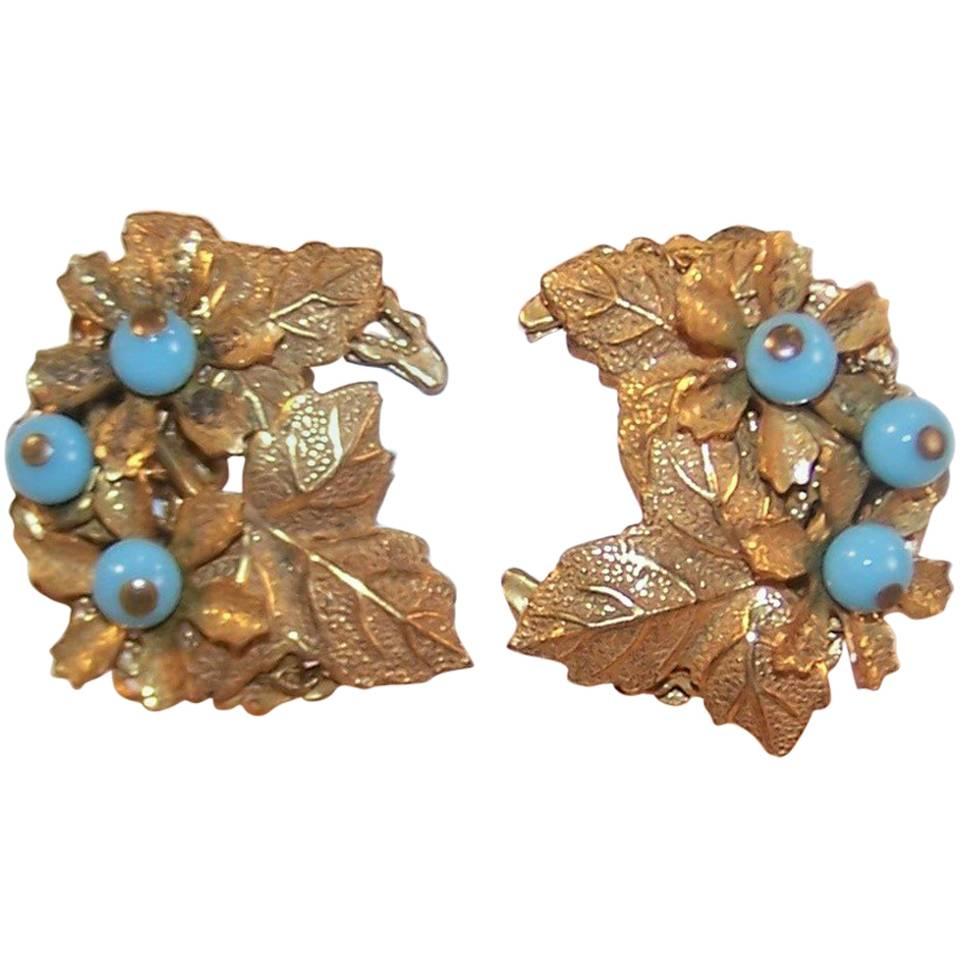 C.1980 Stanley Hagler Gilt Floral Earrings With Turquoise Beads
