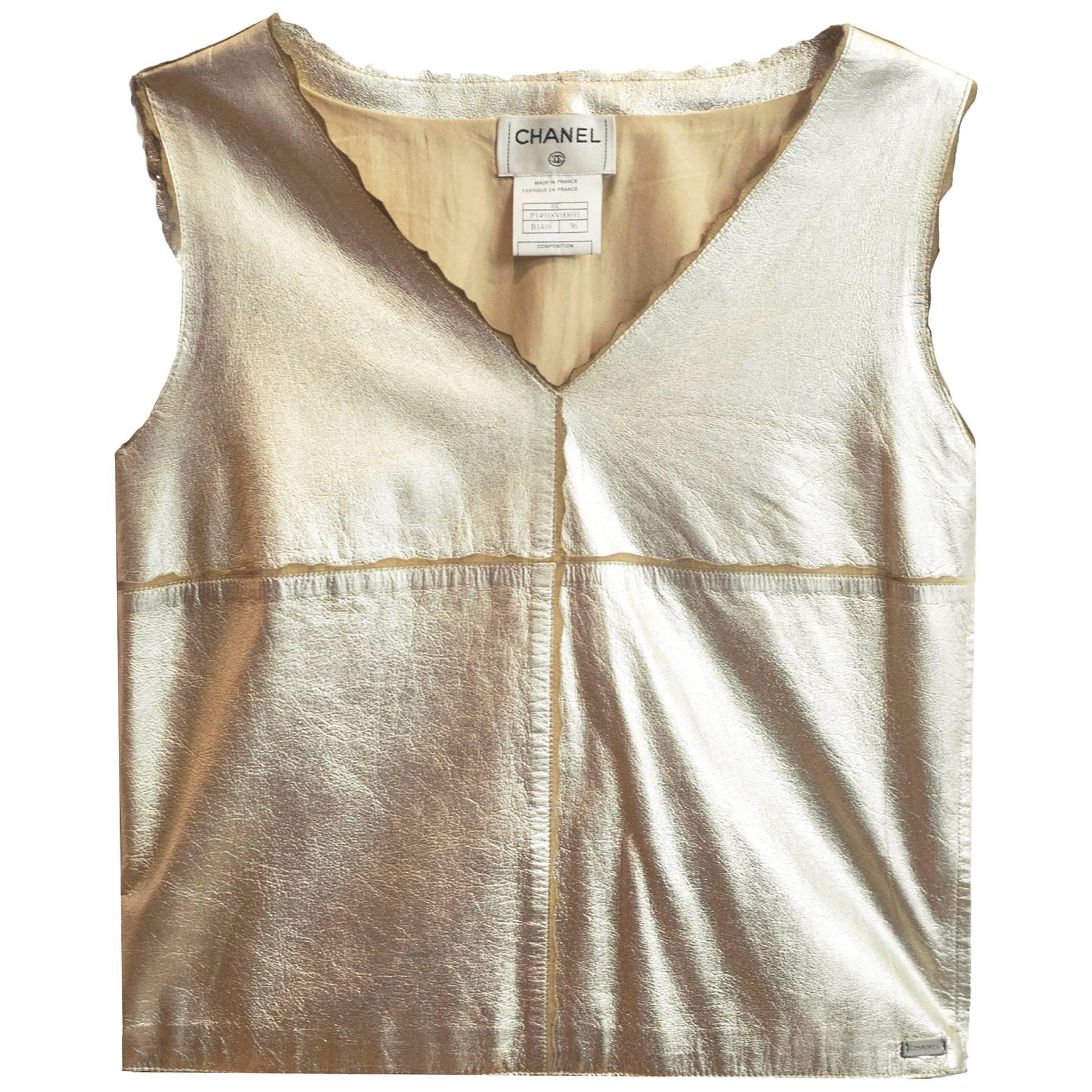 Chanel Metallic Gold Leather Shell Top sz FR36