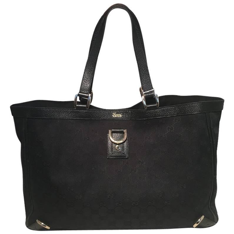 Gucci Black Monogram Canvas Abbey Tote GM Shoulder Bag 