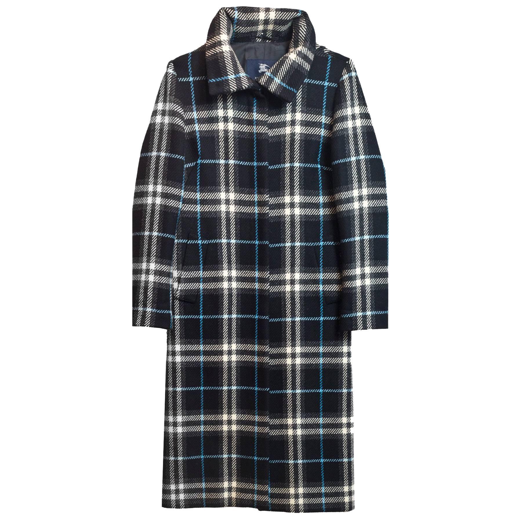 Burberry London Black and Blue Plaid Long Peacoat sz US12 For Sale at ...